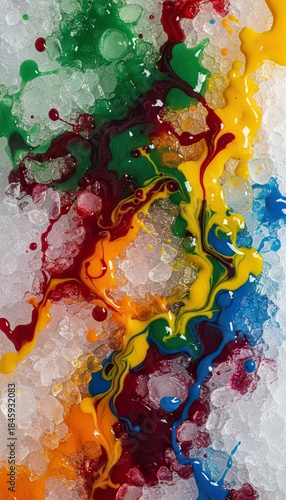 Vibrant Liquid Colors Dripping Onto Crushed Ice Showing a Spectrum of Hues and Textures Creating an Abstract Artistic Pattern
