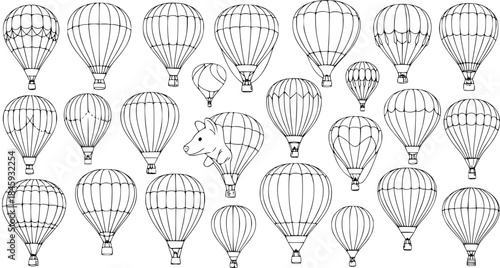 Hand Drawn Collection of Vintage Hot Air Balloons with a Bear Character, Outline Line Art Sketch for Coloring Book or Retro Design Projects, Flying Sky Adventure