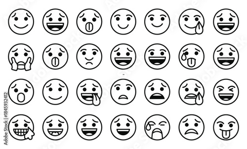 A set of black and white outline emojis showing various facial expressions and emotions