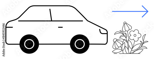 Environmental conservation, transportation, sustainability, pollution impact, eco-awareness, green initiatives. A car facing flowers with an arrow. Environmental conservation and transportation