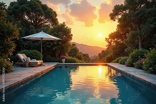 Golden sunset hues paint tranquil poolside garden , summer, reflection, picturesque