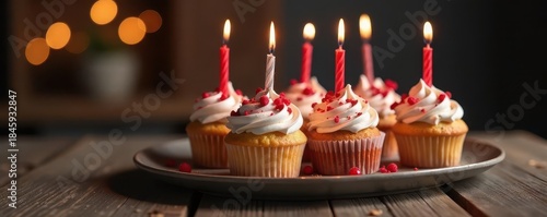 Gourmet cupcakes with candles, arranged on rustic table, soft light, background, sugar, dessert