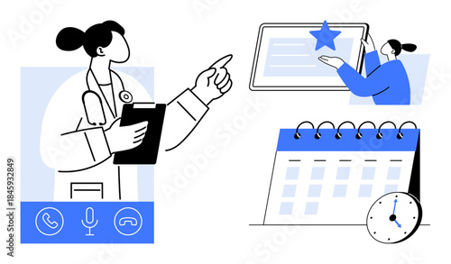 Telemedicine, online consultation, healthcare scheduling, digital communication, patient management, virtual appointments. Doctor with clipboard, calendar and virtual call icons. Telemedicine