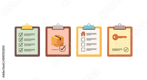 Checklists on clipboards for tasks like moving, delivery, and home ownership