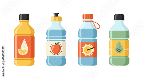Collection of four different flavored beverage bottles with colorful labels