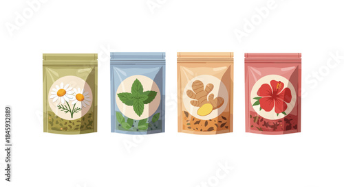 Four pouches of herbal tea with chamomile, mint, ginger, and hibiscus illustrations