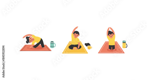 Person doing yoga poses on mats with water bottles and mugs nearby