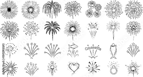Detailed Hand-Drawn Doodle Fireworks Vector Icons Set with Additional Celebration Elements like Flowers, Heart, Ring, and Fish - Festive Clip Art Collection