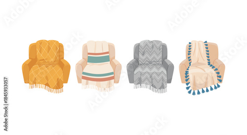 Four cozy armchairs with decorative throws and tassels, isolated on white background