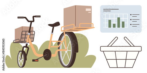 Cargo bike with front and rear packages parked on grass, analytics chart, and basket icon. Ideal for delivery, logistics, eco-transport, sustainability, mobility, business analysis simple flat