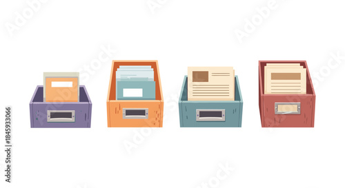 Four colorful file holders with documents and folders neatly organized inside