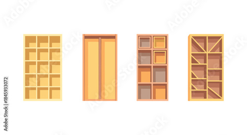 Collection of four different wooden shelving units and cabinets on white background