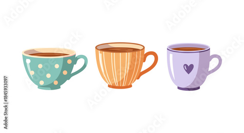 Three decorative coffee cups with different patterns and colors on a white background