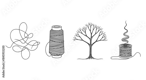 Line art illustrations of thread spools and a tree on a white background