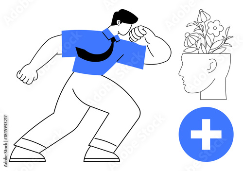 Confident man striking a power pose, blooming floral head representing mental growth, large plus sign denoting positivity. Ideal for motivation, self-growth, mental health, personal achievement