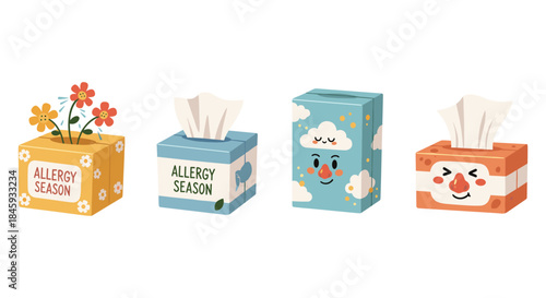 Cute tissue boxes with allergy season themes and funny faces