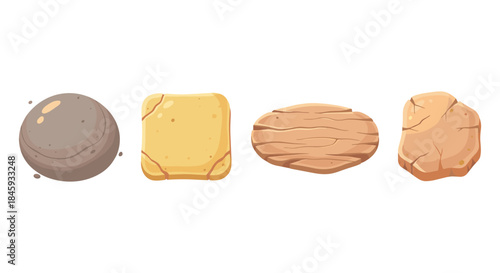 Collection of four cartoon-style game interface elements: stone, sand, wood, and rock