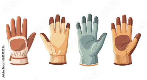 Collection of four different illustrated work and gardening gloves on a white background