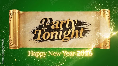 Festive 'Party Tonight' message on a vintage scroll with sparkling effects, celebrating the New Year