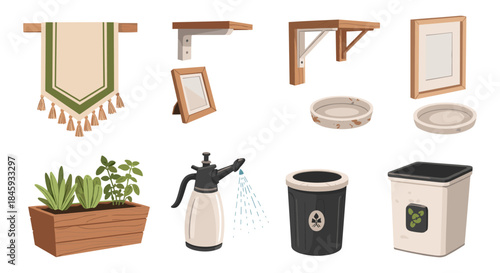 Collection of home and garden decorative and functional items