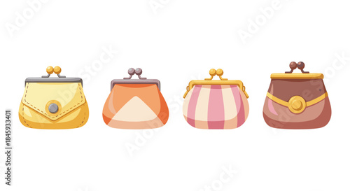 Collection of four cartoon coin purses with clasp closures in various colors and patterns