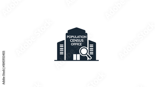 Population Census Office Building with Magnifying Glass Icon.