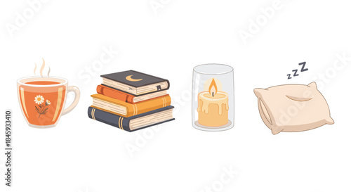 Cozy evening essentials: hot tea, books, candle, and pillow for relaxation