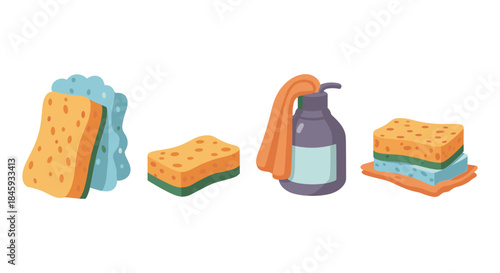 Set of cartoon cleaning sponges, soap dispenser, and cloth for household chores