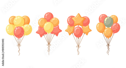 Collection of colorful cartoon balloons and star shapes tied with strings
