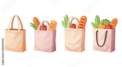 Four reusable shopping bags filled with fresh groceries and bread