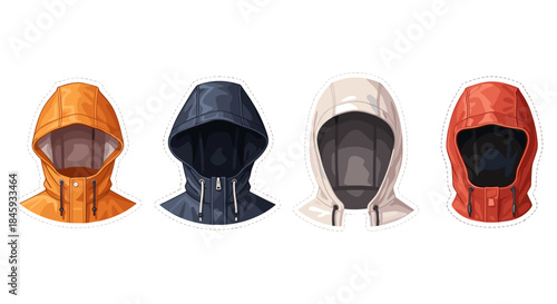 Four hooded jackets in different colors displayed side by side on a white background