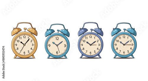 Collection of four vintage alarm clocks in different colors on a white background
