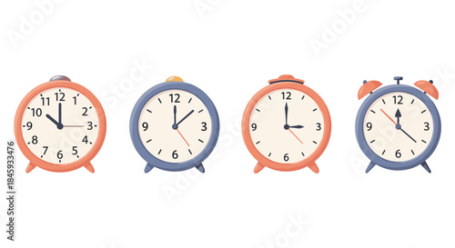 Collection of four vintage alarm clocks in different colors and times