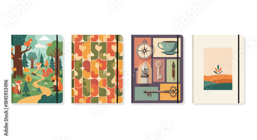 Collection of four distinct notebook covers with unique artistic designs