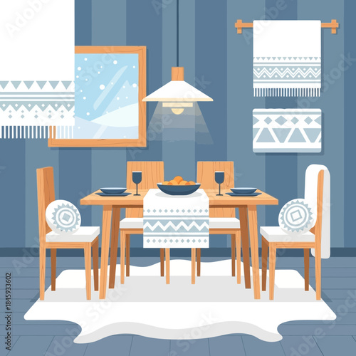 Cozy Scandinavian dining room with wooden furniture and decorative textiles in a modern interior