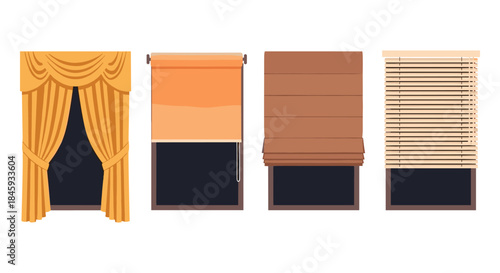 Collection of four different window treatments including curtains, roller blinds, roman shades, and venetian blinds
