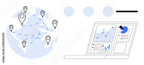 Global business, data analysis, network management, logistics, technology solutions, remote operations. Globe with location pins and laptop displaying analytics. Global business and data analysis