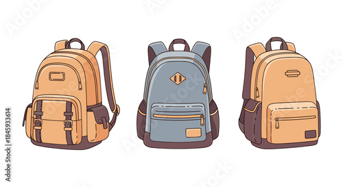 Three different styles of backpacks displayed side by side on a white background
