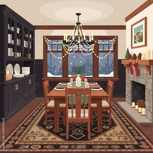 Cozy traditional dining room with a view of snowy winter outside and festive fireplace ambiance