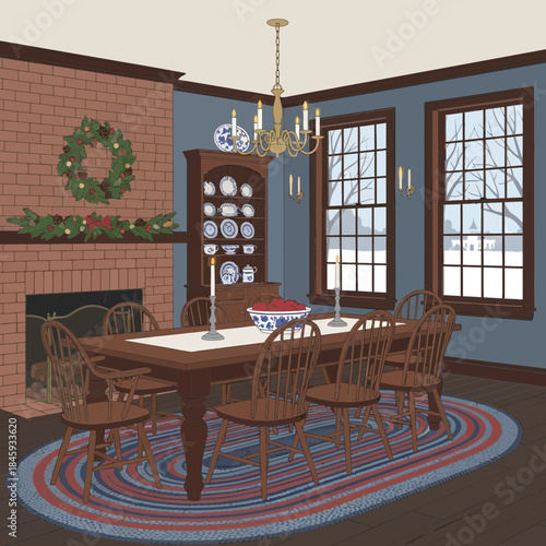 Cozy traditional dining room with large windows and a brick fireplace for family gatherings