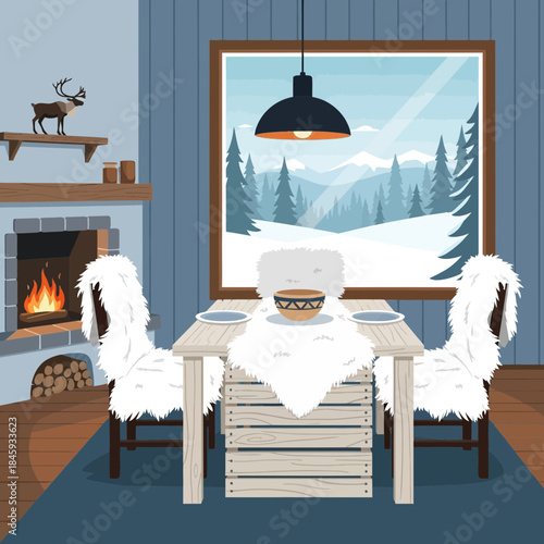 Cozy winter cabin dining area with a large window overlooking snowy mountain landscape and rustic