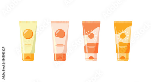 Collection of four sunscreen tubes with sun icons and orange accents
