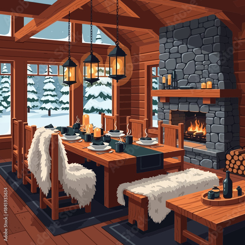 Cozy winter cabin dining room with roaring fireplace and snowy landscape view