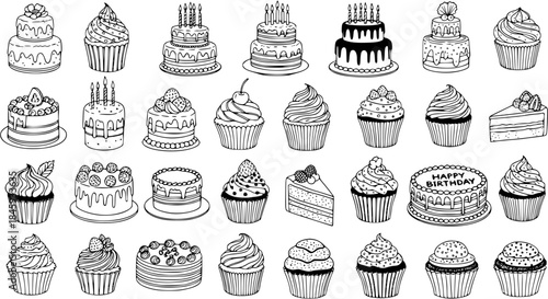 Seamless pattern with hand-drawn cakes and cupcakes, black and white sketch art of various birthday desserts, sweet pastries, and muffins for bakery, celebration, and textile designs.