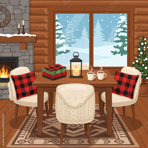 Cozy winter cabin interior with festive decor, warm fireplace, and snow-covered view through large