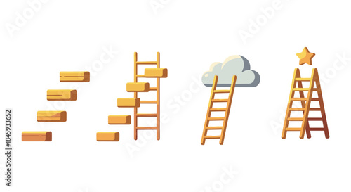 Set of ladders and stairs symbolizing progress, goals, and reaching new heights