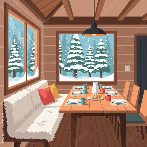 Cozy winter dining room with large windows showcasing snow-covered trees and a festive table