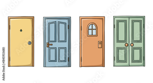 Collection of four diverse cartoon doors with different colors and designs