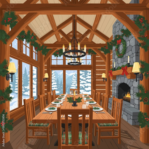 Cozy wooden dining room with holiday decor and large windows overlooking snowy landscape
