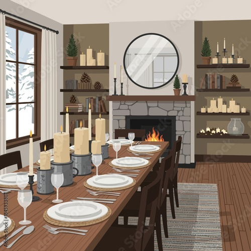 Cozy and Elegant Holiday Dining Room Setup with Snow Scene Visible Through Windows